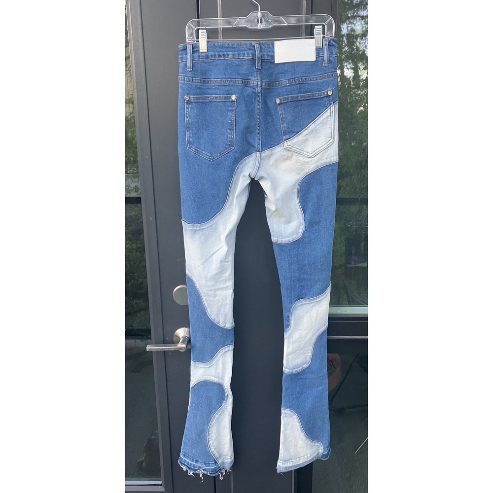 GUAPI Mens Size 28 Wavy Stacked Jeans Two Tone Patchwork Streetwear Blue - Picture 7 of 10